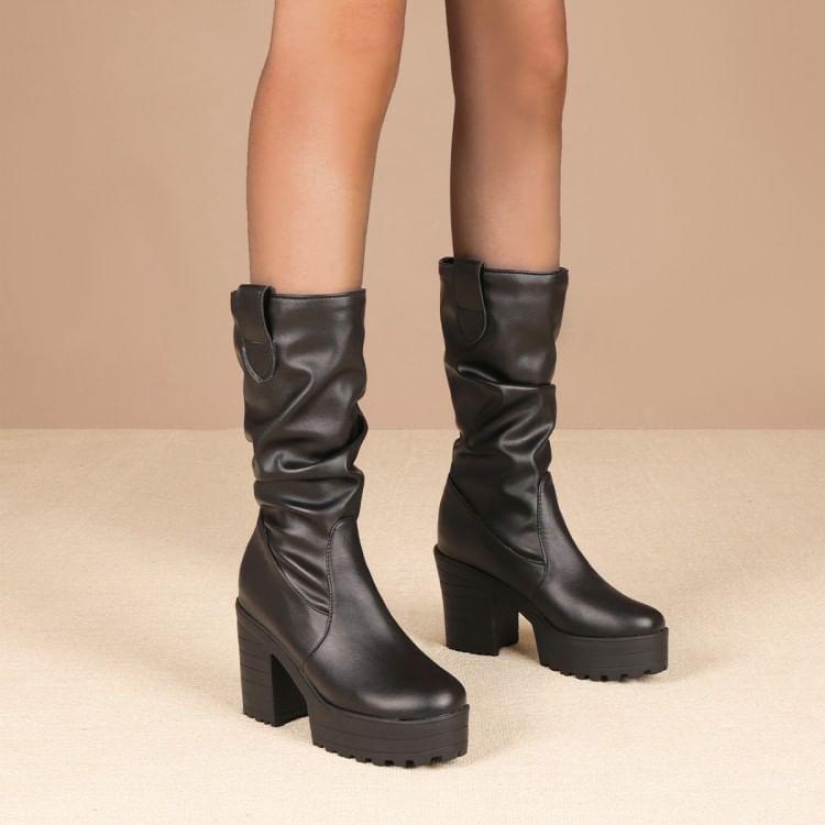 Platform Chunky Heel Mid-Calf Boots Product Image