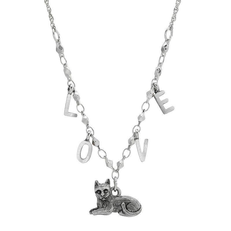 1928 Silver-Tone Cat With Love Initials Necklace, Womens Product Image