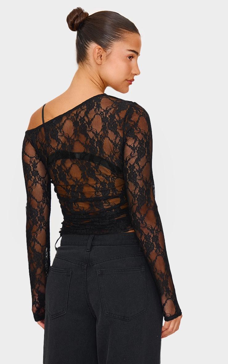 Black Lace Asymmetric Shoulder Long Sleeve Top Product Image