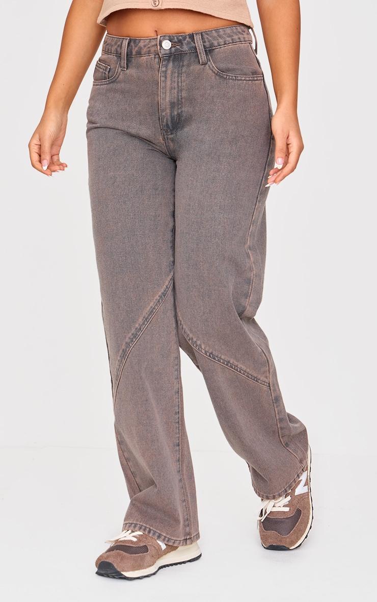 Petite Dark Sand Seam Detail Straight Leg Jeans Product Image