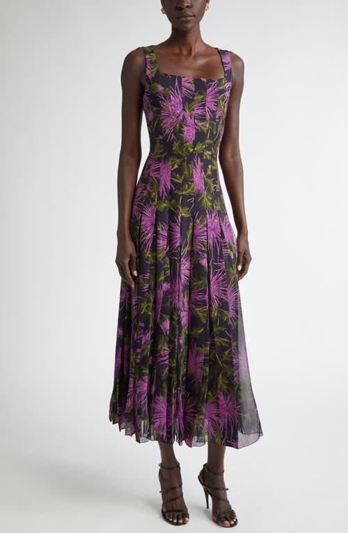 OSCAR DE LA RENTA Chrysanthemum Print Pleated Maxi Dress In Purple/navy Product Image