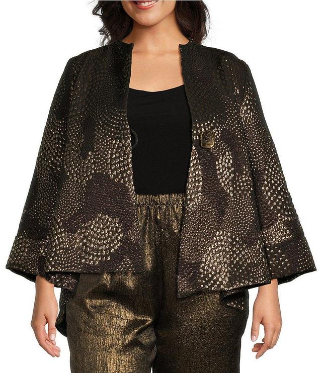 IC Collection Plus Size Mix Metallic Textured Printed Mock Neck Bracelet Sleeve Asymmetric Hem One Button-Front Jacket Product Image