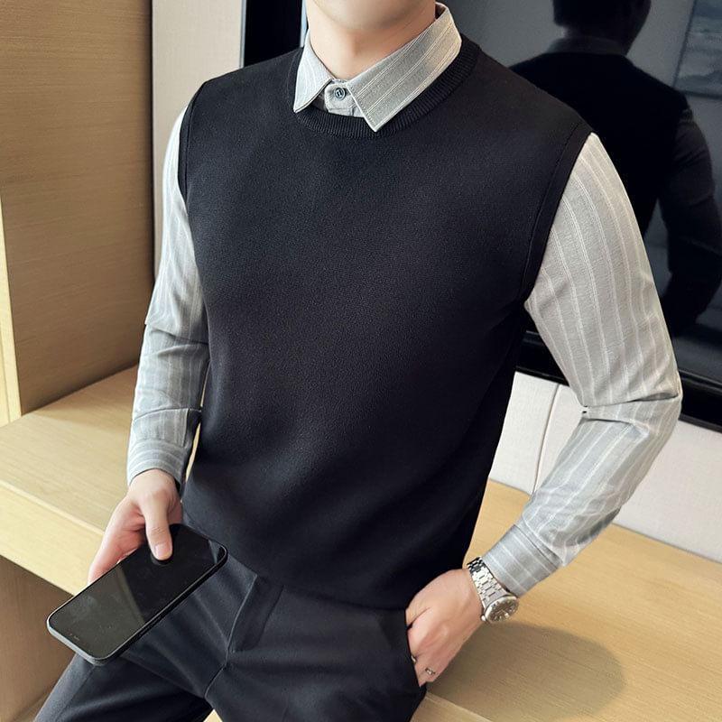 Mock Two-Piece Long-Sleeve Knit Panel Shirt Product Image