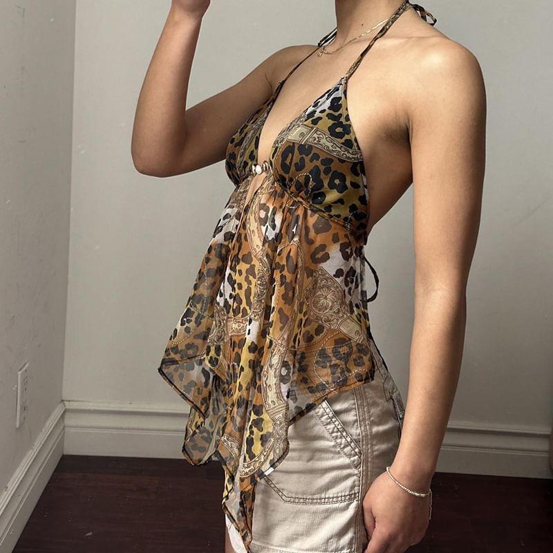 Leopard Print Asymmetrical Halter Top Product Image