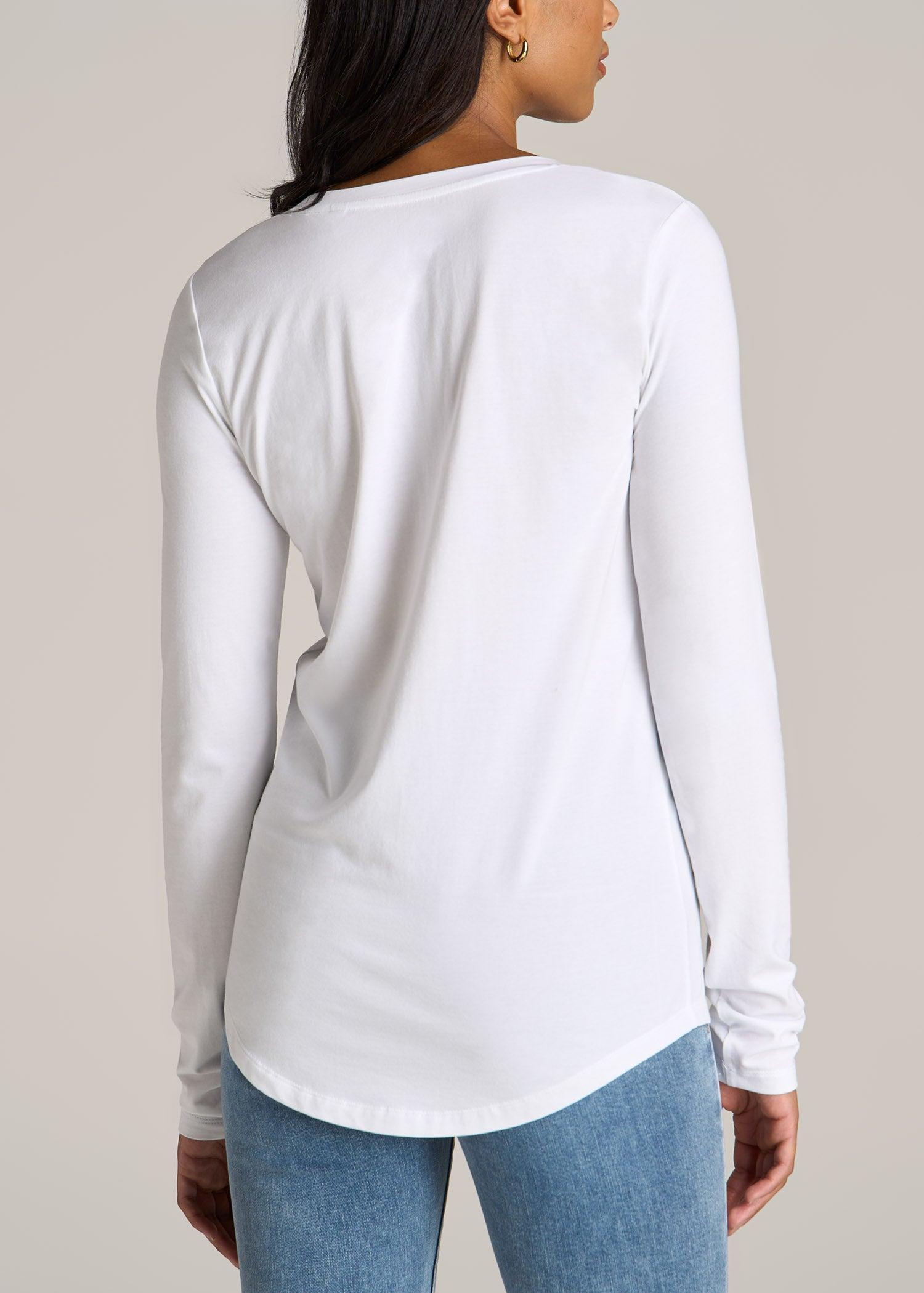 Long Sleeve Scoop V-Neck Tee Shirt for Tall Women in White Female Product Image