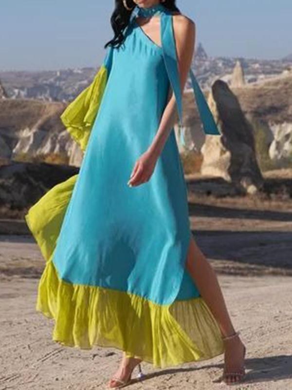 Loose Asymmetric Contrast Color Pleated Split-Joint Streamer One-Shoulder Evening Dresses Maxi Dresses product image