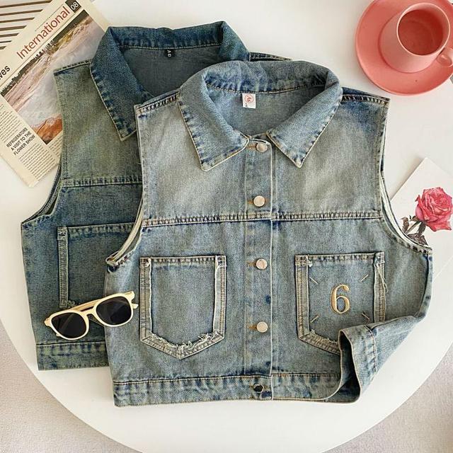 Sleeveless Collared Washed Denim Cropped Vest Product Image