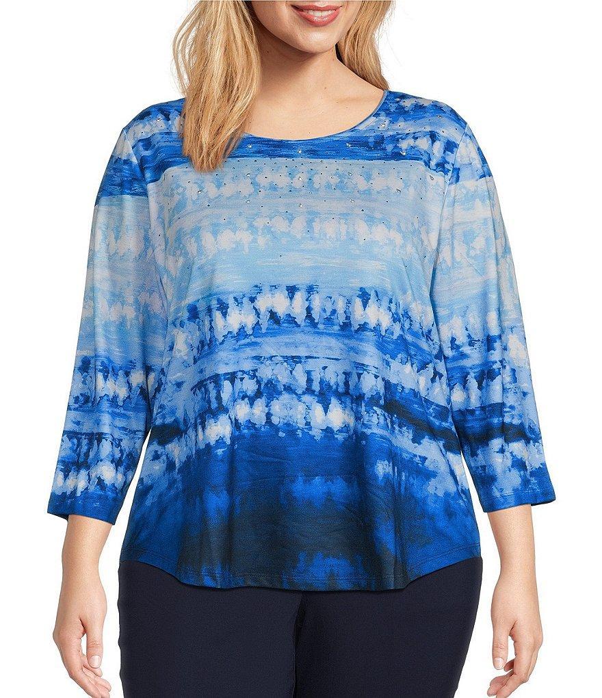 Allison Daley Plus Size Tie-Dye Print 3/4 Sleeve Crew Neck Knit Top Product Image