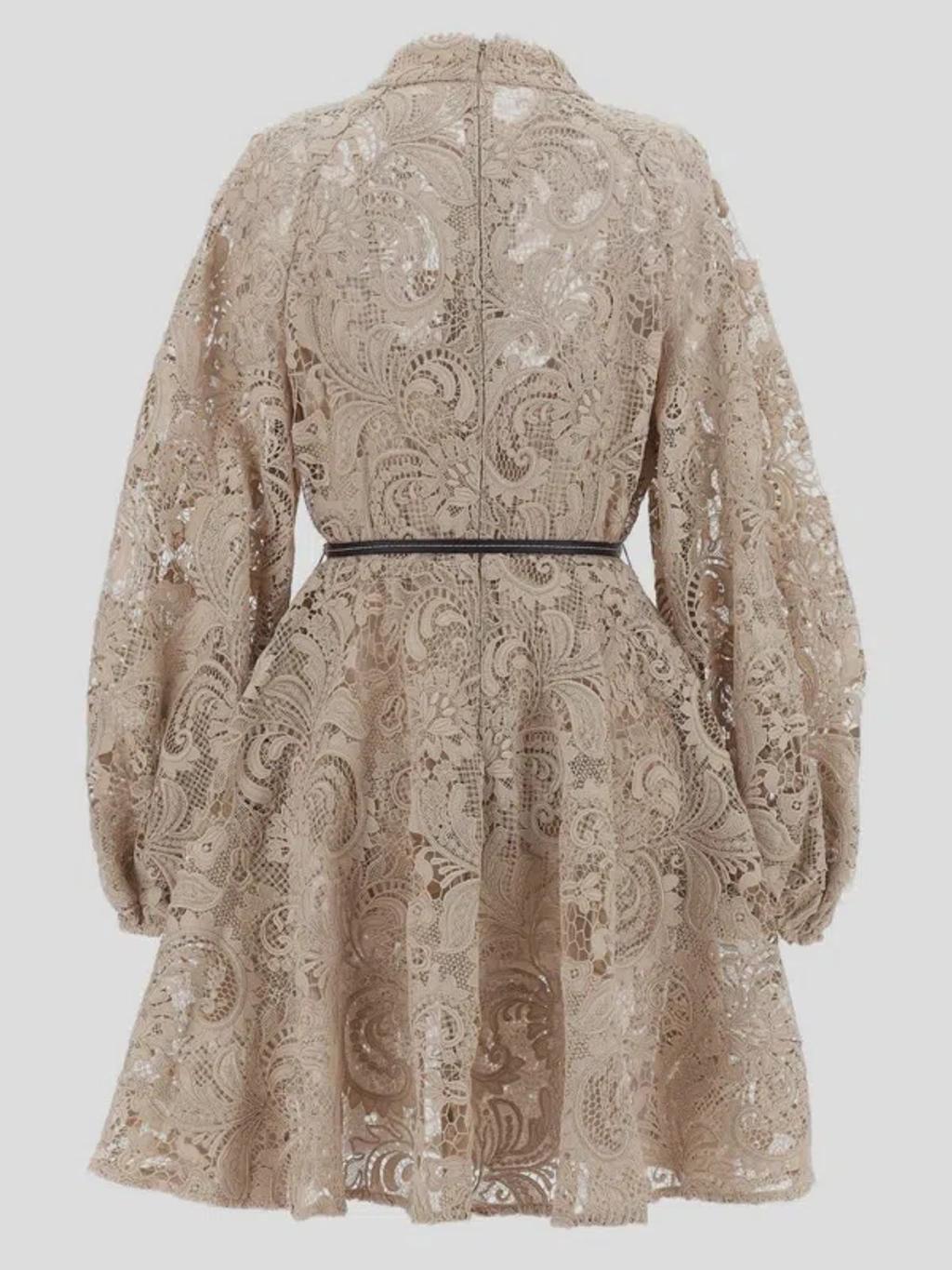 ZIMMERMANN Waverly Lace Belted Mini Dress In Taupe Product Image