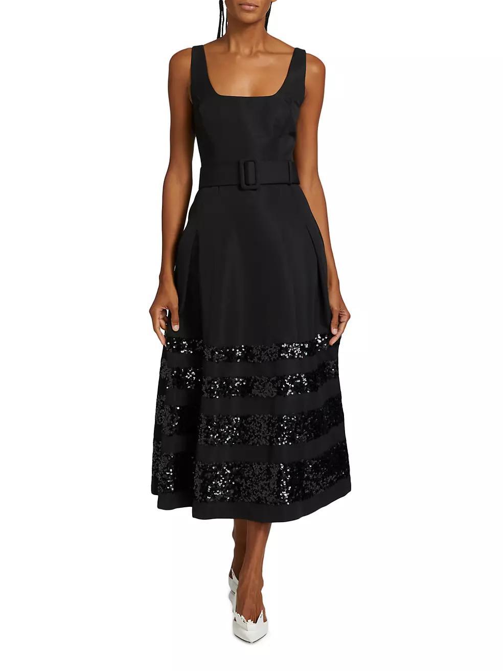 Mia Sequin-Embellished Belted Fit & Flare Midi-Dress Product Image