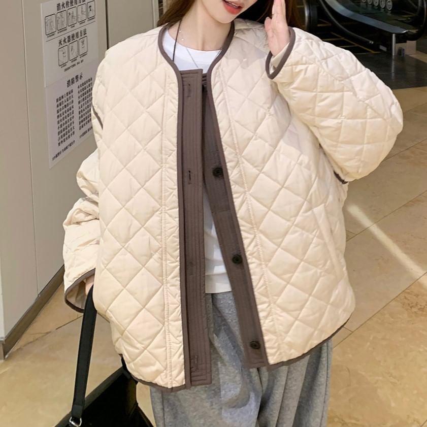 Round Neck Two Tone Quilted Cropped Puffer Jacket Product Image