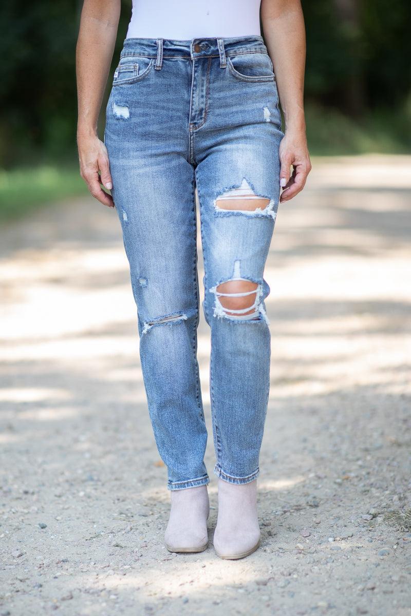 Judy Blue Medium Wash Distressed Knee Jeans product image