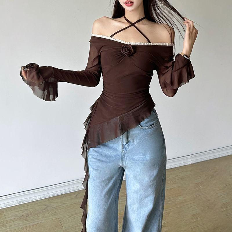 Flared-Sleeve Cold-Shoulder Plain Ruffle Asymmetrical Blouse Product Image