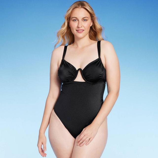 Womens Shirred Cup Underwire High Leg One Piece Swimsuit - Shade & Shore Black Shine 36B Product Image