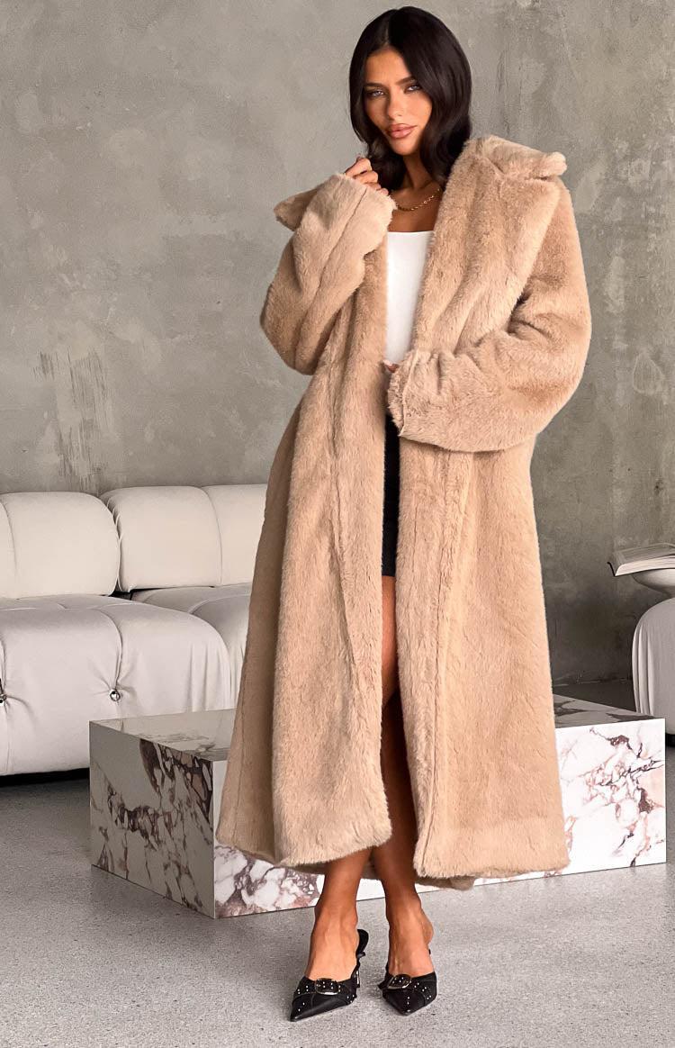 Lyrae Brown Full Length Faux Fur Coat Product Image