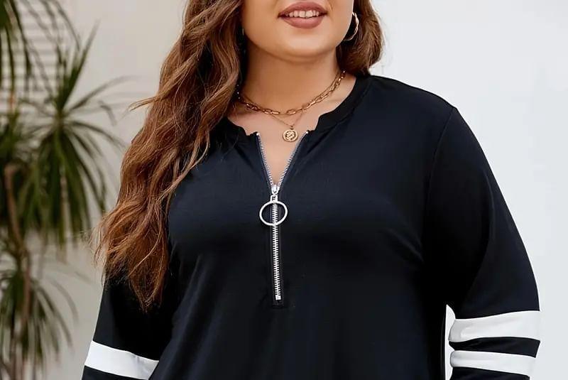 Plus Size Round Neck Two Tone Half-Zip Sweatshirt Product Image