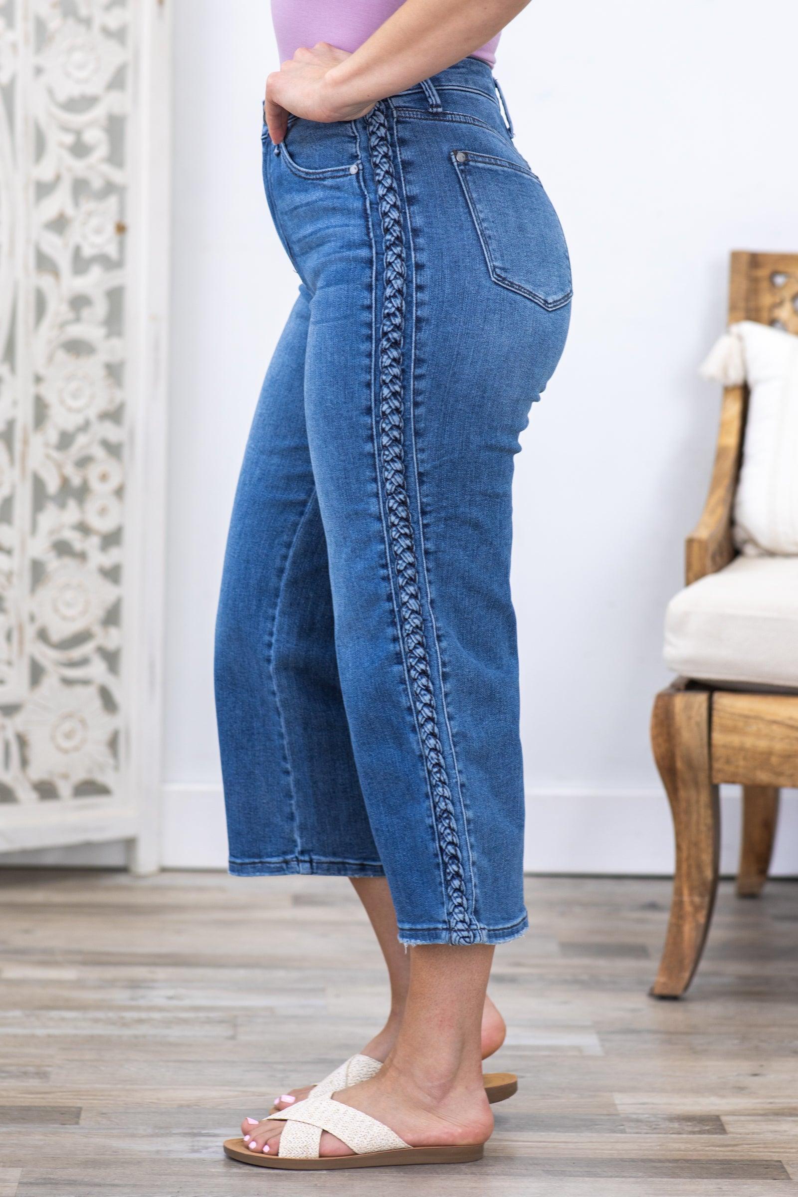 Judy Blue Braid Detail Crop Wide Leg Jeans Product Image