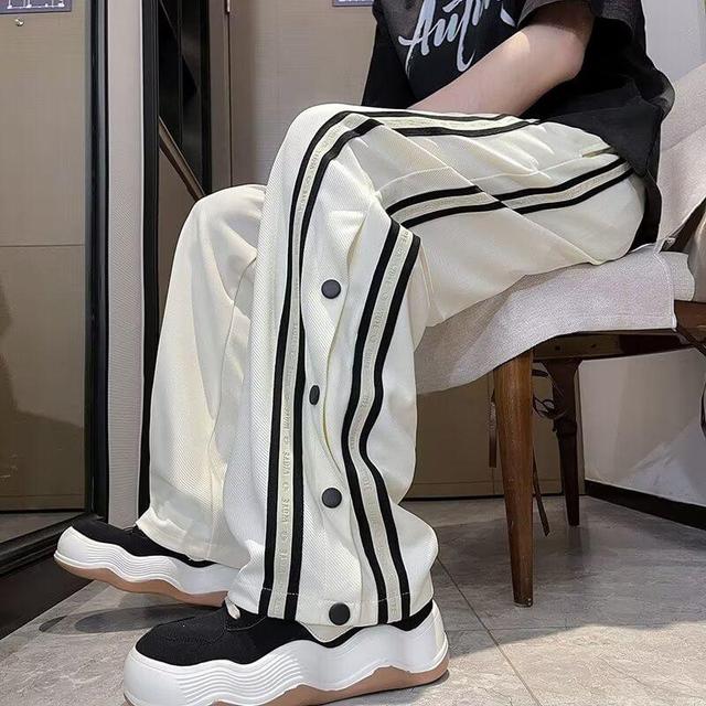 Drawstring Waist Striped Button-Up Wide Leg Pants Product Image