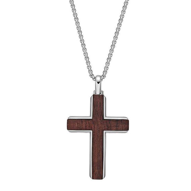 Mens LYNX Stainless Steel & Bubinga Wood Polished Cross Pendant Necklace Multicolor Product Image