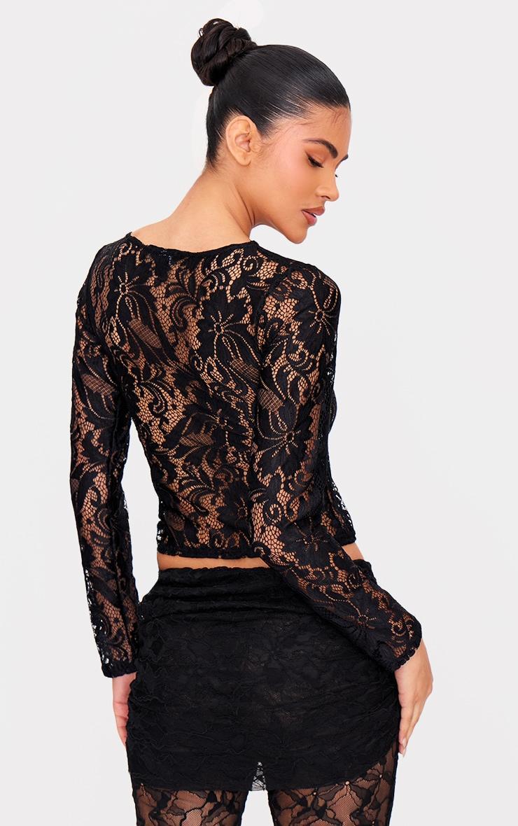 Black Lace Boatneck Long Sleeve Long Top Product Image