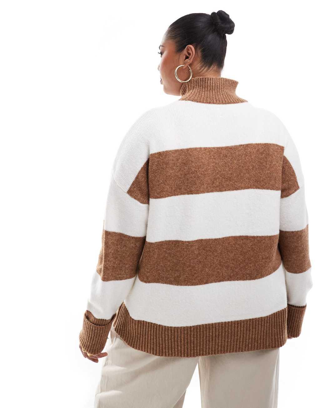 ASOS DESIGN Curve knitted high neck sweater with turn back cuffs in stripe Product Image