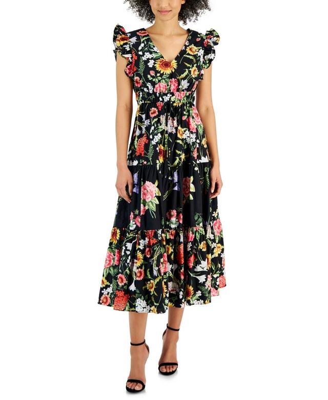 Women's Cotton Floral-Print Tie-Waist Midi Dress Product Image