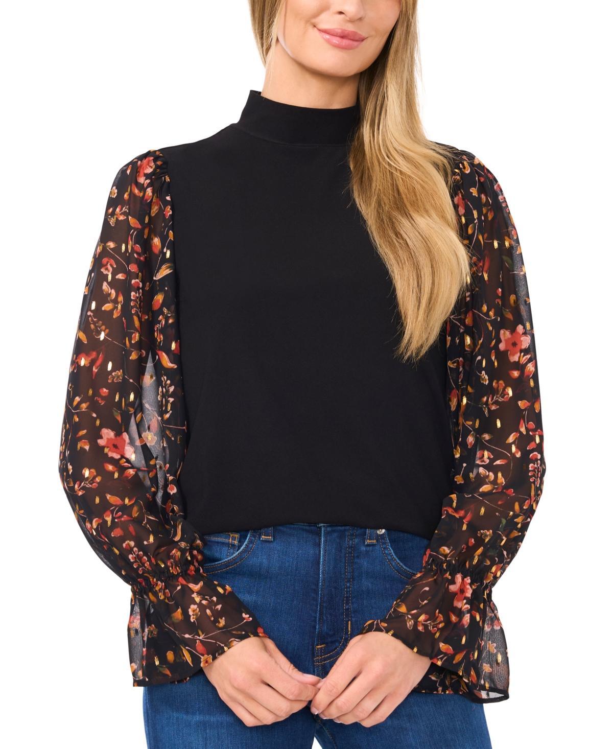 CeCe Womens Sheer Floral Long-Sleeve Mock Neck Top Product Image