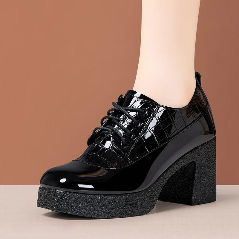 Croc Grain Platform Chunky Heel Lace-Up Shoes Product Image