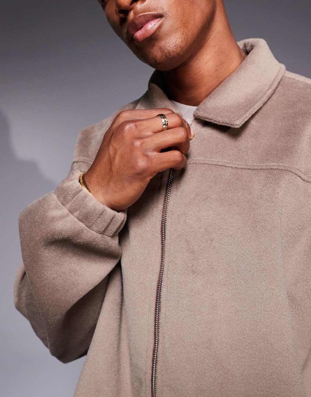 ASOS DESIGN oversized boxy textured fleece harrington shacket in beige Product Image