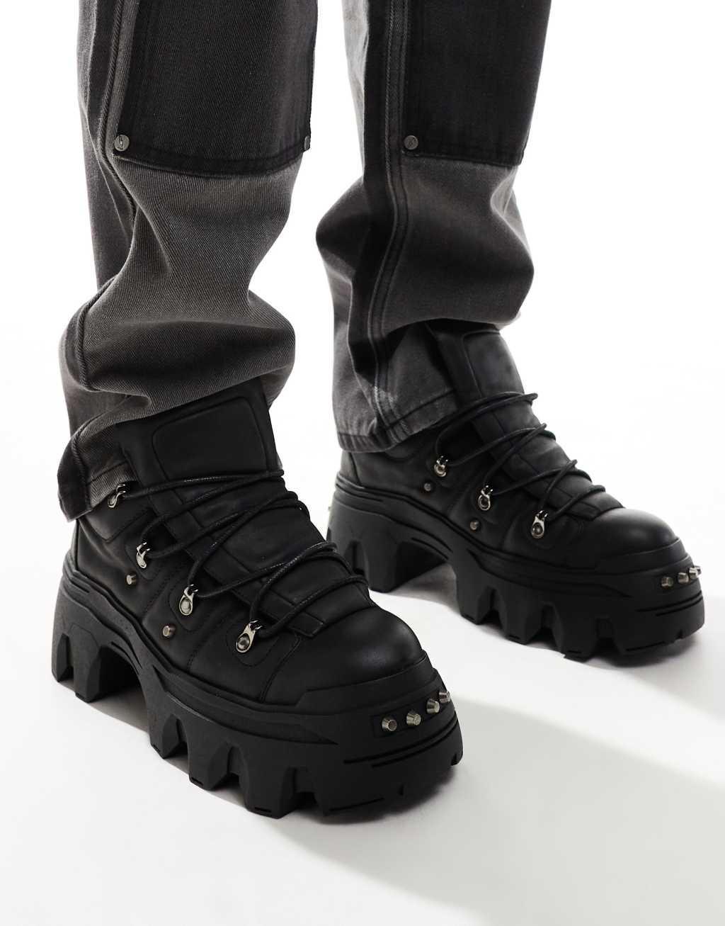 ASOS DESIGN lace up boots in black with chunky sole and metal hardware Product Image