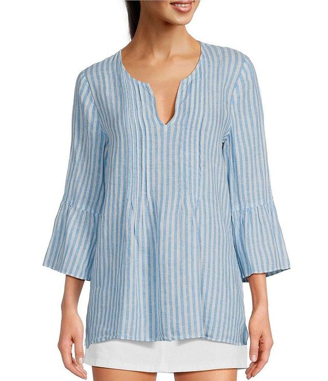 Lilly Pulitzer Hollie Linen Stripe Print Split V-Neck 3/4 Ruffle Sleeve Tunic Product Image