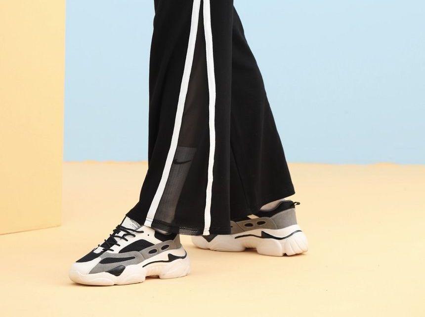 Eco-Friendly Drawstring Mesh Panel Striped Sweatpants Product Image