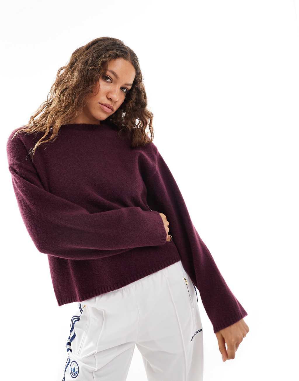 Monki knit top with off the shoulder boat neck in dark plum Product Image