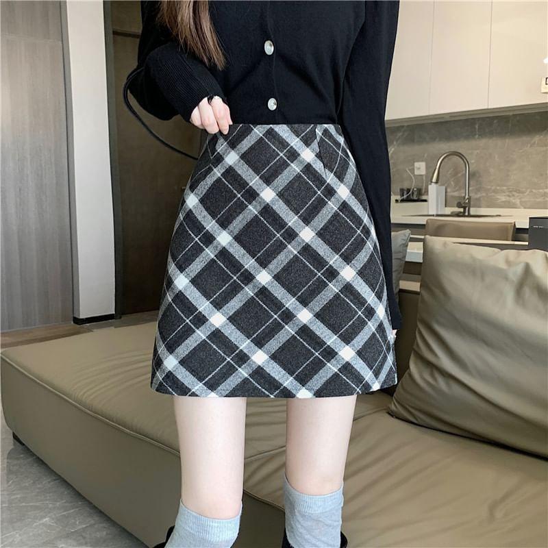 High Waist Plaid Mini A-Line Skirt Product Image