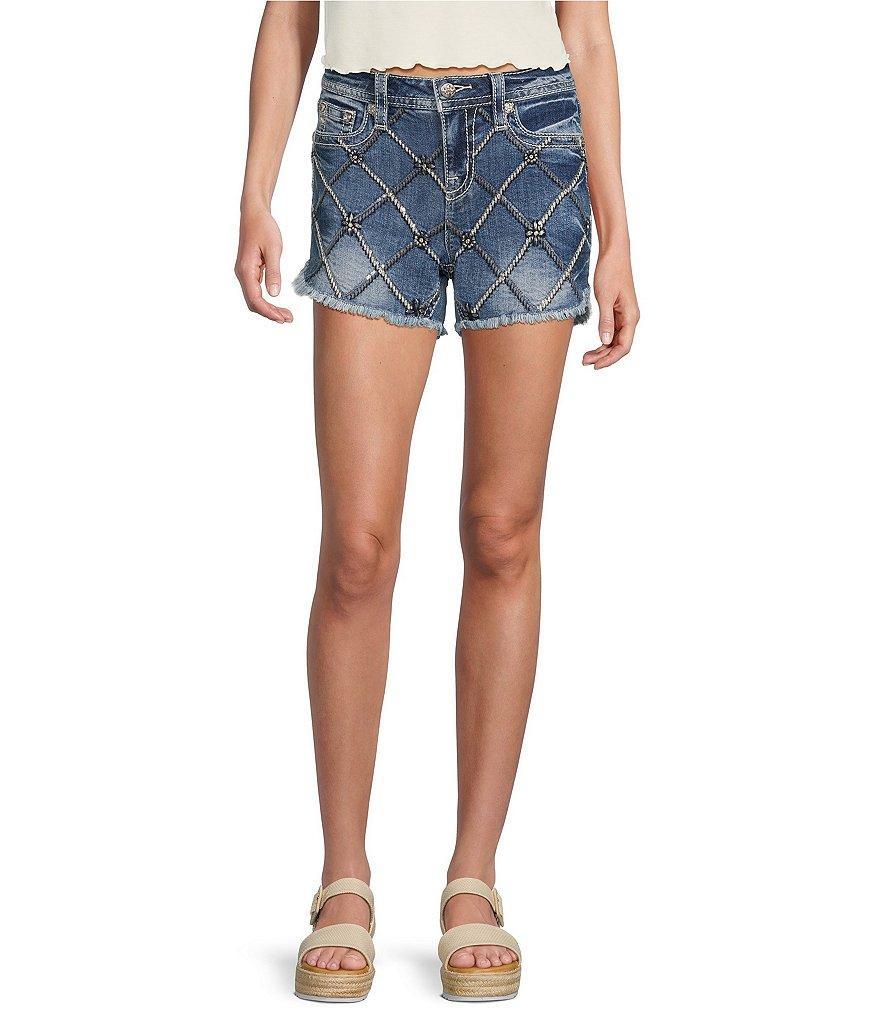 Miss Me Mid Rise Latticework Embroidered Frayed Hem Denim Shorts Product Image