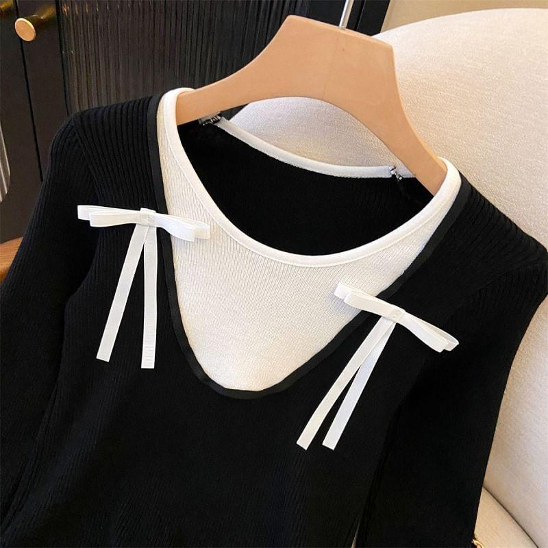 Long Sleeve Crew Neck Bow Mock Two Piece Ribbed Knit Top Product Image