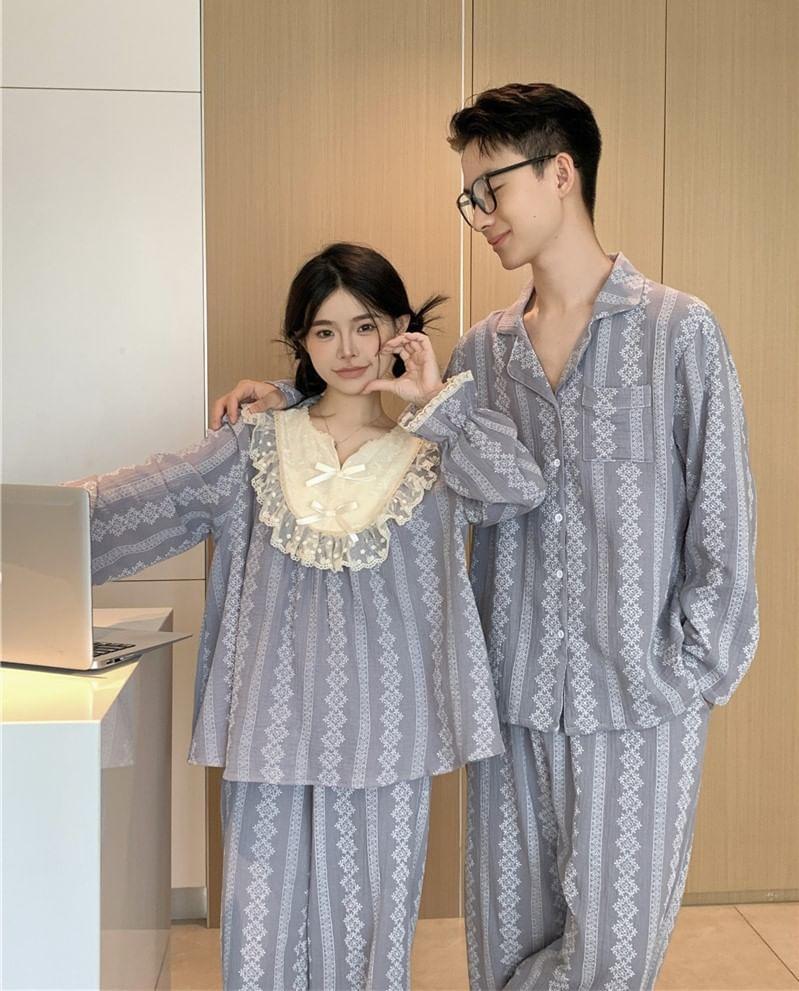 Couple Matching Pajama Set: Long Sleeve Patterned Print Top + High Waist Straight Leg Pants (Various Designs) Product Image