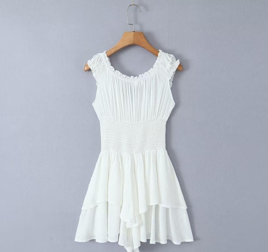 Sleeveless Square Neck Plain Jacquard Frill Trim Smocked Layered Wide Leg Romper Product Image