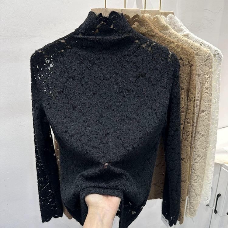 Long-Sleeve Turtleneck Plain Floral Lace Slim Fit Top Product Image