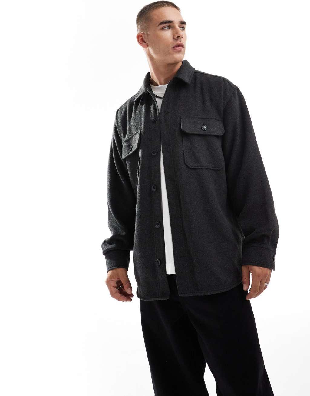 Jack & Jones heavy brushed twill overshirt in dark gray  Product Image