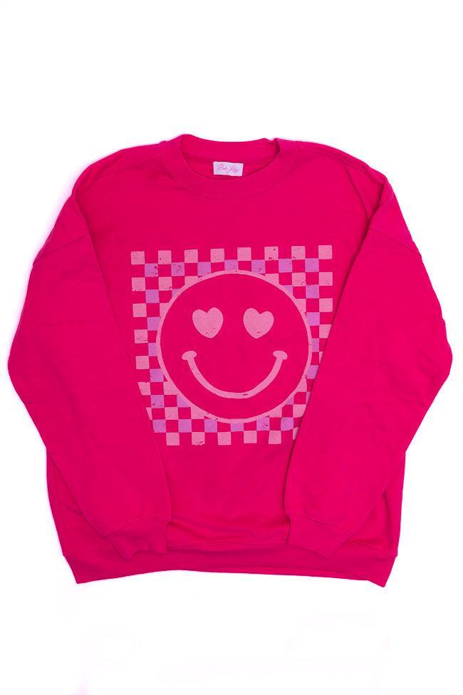 Checkered Pink Smiley Hot Pink Oversized Graphic Sweatshirt Product Image