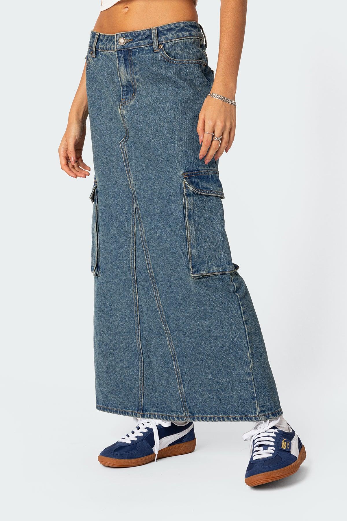 Slitted Cargo Denim Maxi Skirt Product Image