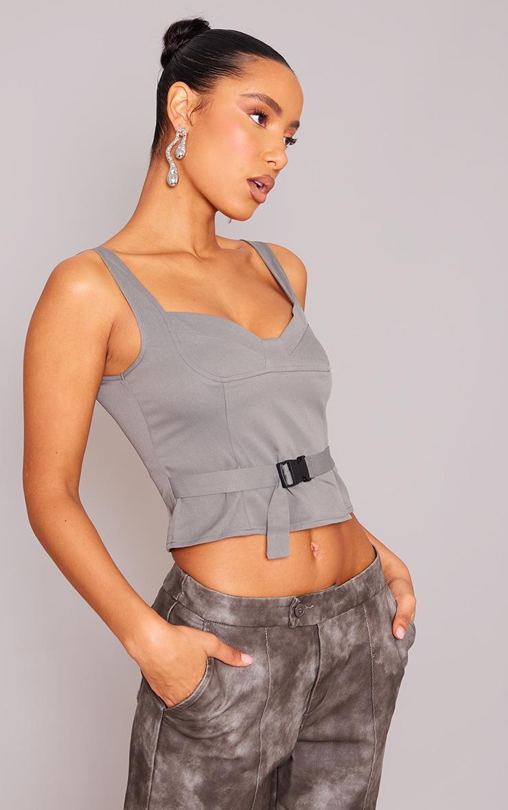 Grey Woven Bust Detail Buckle Front Top Product Image