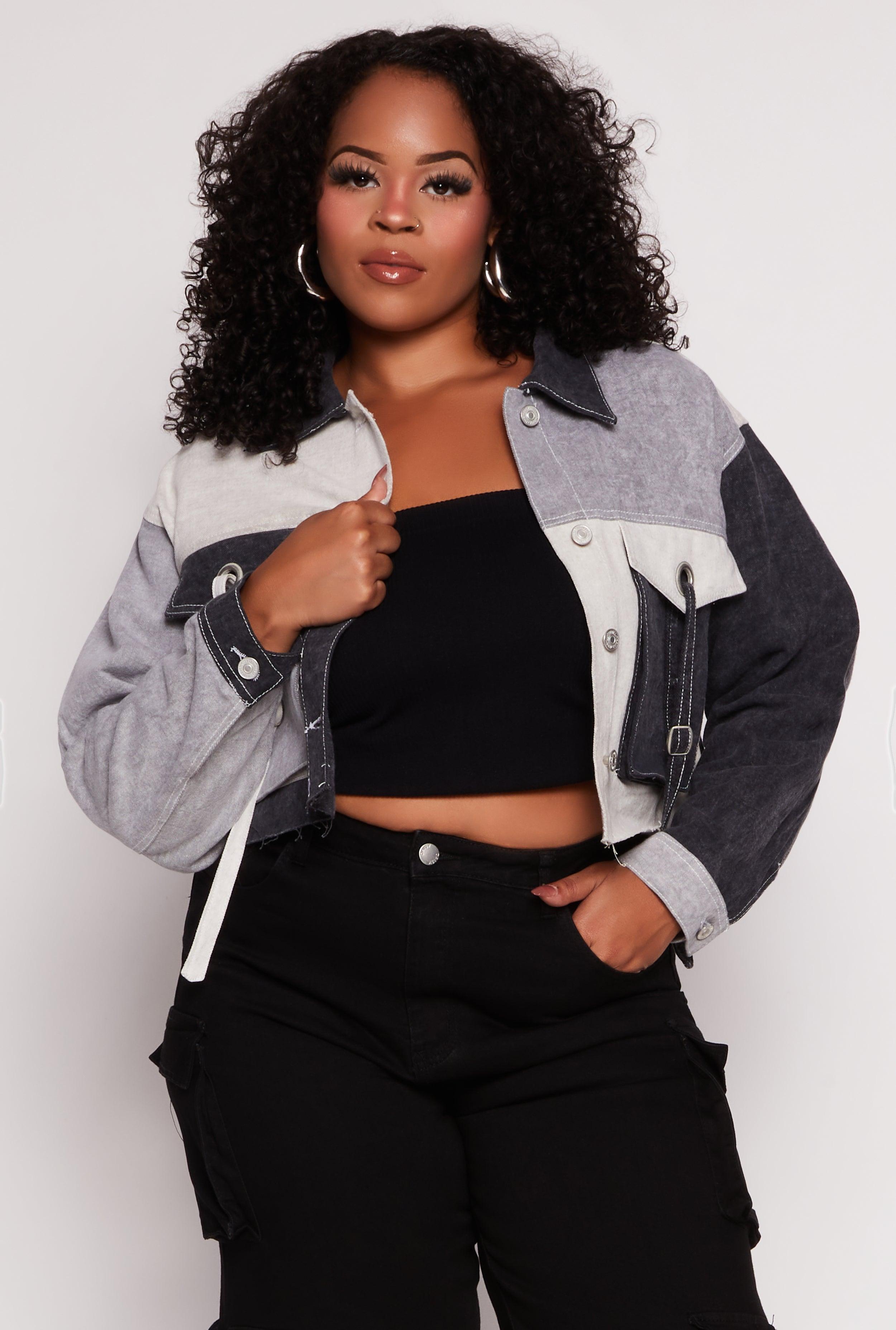 Womens Plus Size Color Block Cropped Jean Jacket Product Image