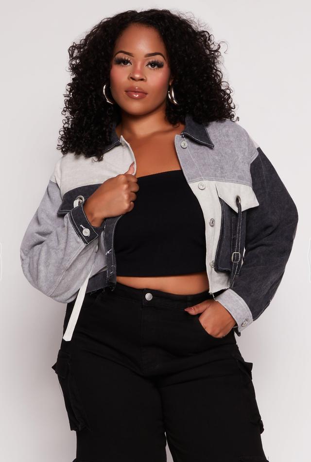 Womens Plus Size Color Block Cropped Jean Jacket Product Image