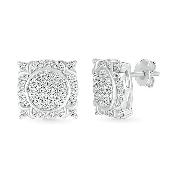 Men's 1/2 CT. T.w. Multi-Diamond Frame Ornate Four-Corner Accent Stud Earrings in Sterling Silver Product Image