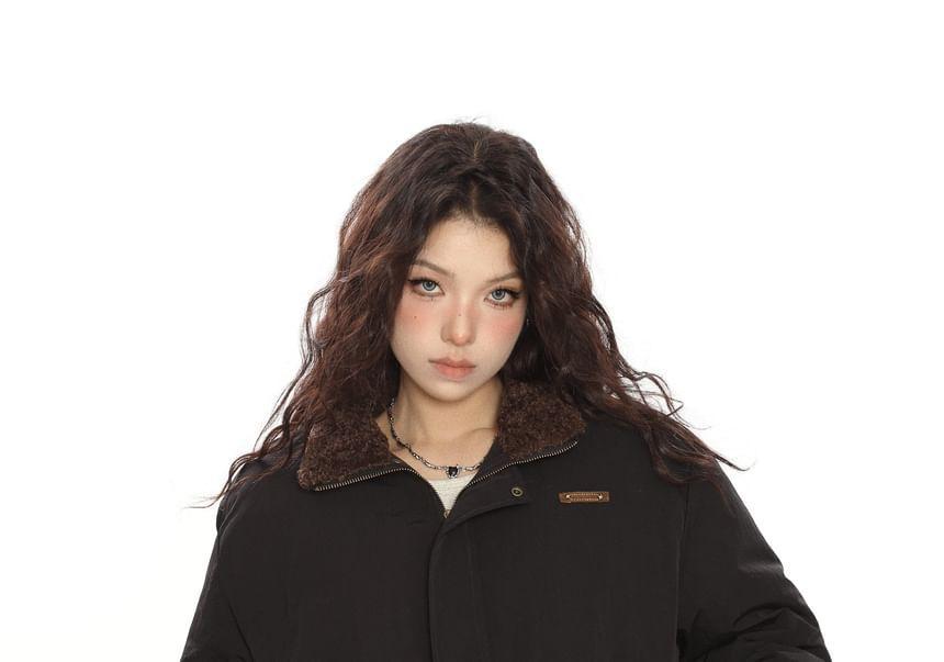 Stand Collar Applique Fleece-Lined Zip Jacket Product Image