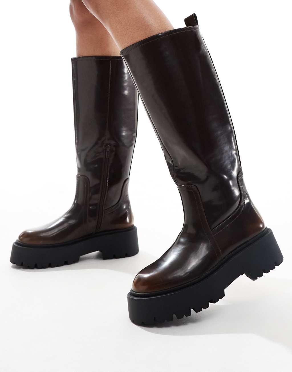 ASOS DESIGN Carmen chunky flat knee boots in brown Product Image