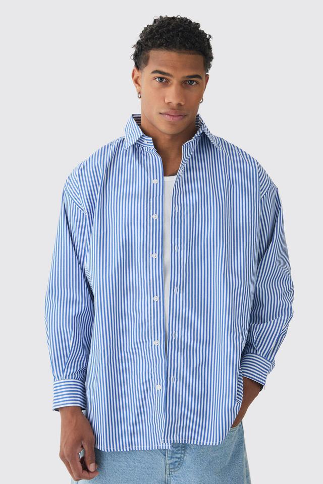 Oversized Striped Long Sleeve Shirt In Blue | boohooMAN USA Product Image