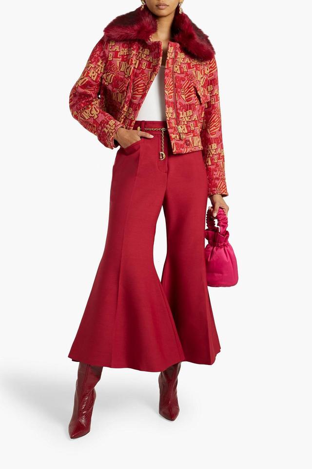 Faux Fur-trimmed Jacquard Jacket In Claret Product Image